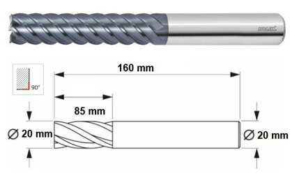 Fréza valcová stopková 6-britá ⌀ 20 mm, TK (HOLEX 203620)