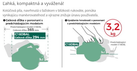 HIKOKI (HITACHI) AKU KOTÚČOVÁ PÍLA C18DBAL 18V 165 mm bez batérie a nabíjačky v hitboxe
