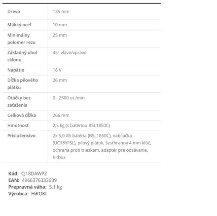 HIKOKI (HITACHI) AKU PRIAMOČIARA PÍLA CJ18DA 18V / 5,0Ah