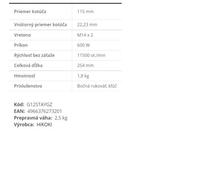 HIKOKI (HITACHI) UHLOVÁ BRÚSKA G12STA 600W / Ø115mm