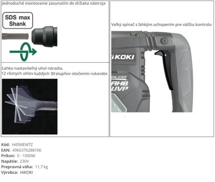 HIKOKI (HITACHI) SEKACIE KLADIVO H45ME 1150W