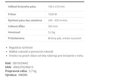 HIKOKI (HITACHI) PÁSOVÁ BRÚSKA S REGULÁCIOU SB10V2 1020W