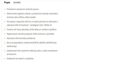 AKUMULÁTOROVÁ PIŠTOĽ NA SILIKÓN DCG180Z
