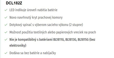 AKUMULÁTOROVÝ VYSÁVAČ DCL182Z
