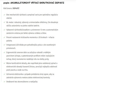 AKUMULÁTOROVÝ VŔTACÍ SKRUTKOVAČ DDF487Z