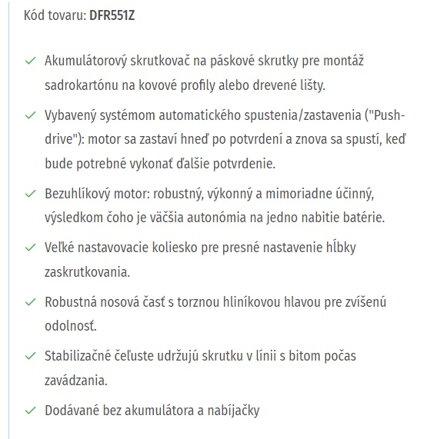 AKUMULÁTOROVÝ SKRUTKOVAČ S AUTOMATICKÝM ZÁSOBNÍKOM DFR551Z