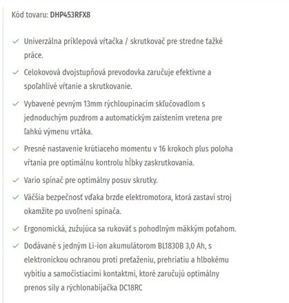 AKUMULÁTOROVÝ VŔTACÍ SKRUTKOVAČ S PRÍKLEPOM DHP453RFX8