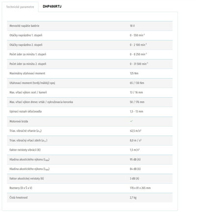 AKUMULÁTOROVÝ VŔTACÍ SKRUTKOVAČ S PRÍKLEPOM DHP486RTJ