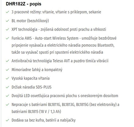 AKUMULÁTOROVÉ KOMBINOVANÉ KLADIVO DHR182Z