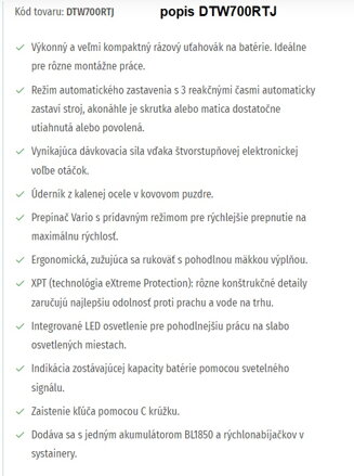 AKUMULÁTOROVÝ RÁZOVÝ UŤAHOVÁK DTW700RTJ +Akumulátor BL1850B (5,0Ah) +Rýchlonabíjačka DC18RC