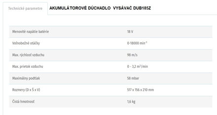 AKUMULÁTOROVÉ DÚCHADLO / VYSÁVAČ DUB185Z AKUMULÁTOROVÉ DÚCHADLO / VYSÁVAČ DUB185Z