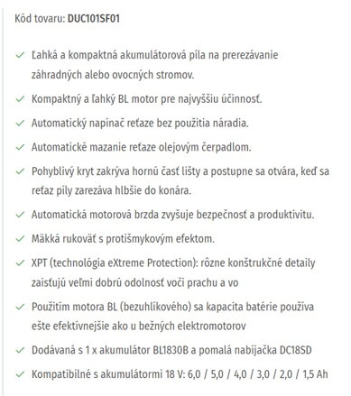 AKUMULÁTOROVÁ PREREZÁVACIA PÍLA DUC101SF01+1x akumulátor BL1830B 3,0 Ah +Nabíjačka DC18SD