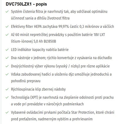 AKUMULÁTOROVÝ VYSÁVAČ DVC750LZX1