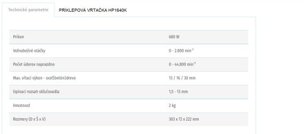 PRÍKLEPOVÁ VŔTAČKA HP1640K