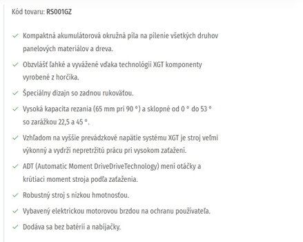 AKUMULÁTOROVÁ OKRUŽNÁ PÍLA RS001GZ
