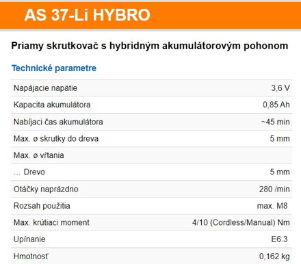AS 37-Li HYBRO Priamy skrutkovač s hybridným akumulátorovým pohonom