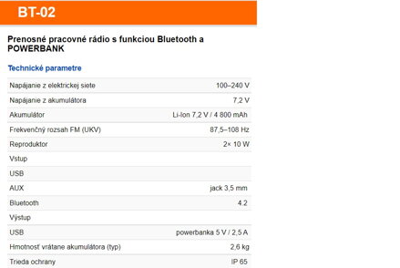 BT-02 Prenosné pracovné rádio s funkciou Bluetooth a POWERBANK