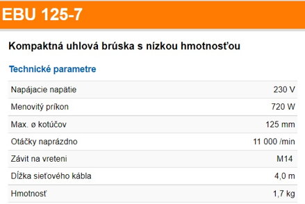 EBU 125-7 Kompaktná uhlová brúska s nízkou hmotnosťou
