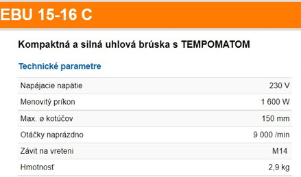 EBU 15-16 C Kompaktná a silná uhlová brúska s TEMPOMATOM