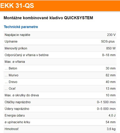 EKK 31-QS (SDS-Plus) Montážne kombinované kladivo QUICKSYSTEM