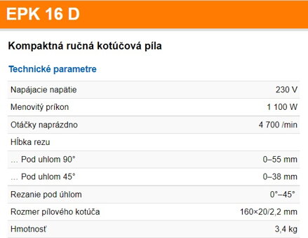 EPK 16 D Kompaktná ručná kotúčová píla