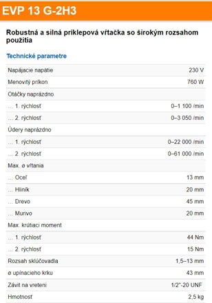 EVP 13 G-2H3 Robustná a silná príklepová vŕtačka so širokým rozsahom použitia